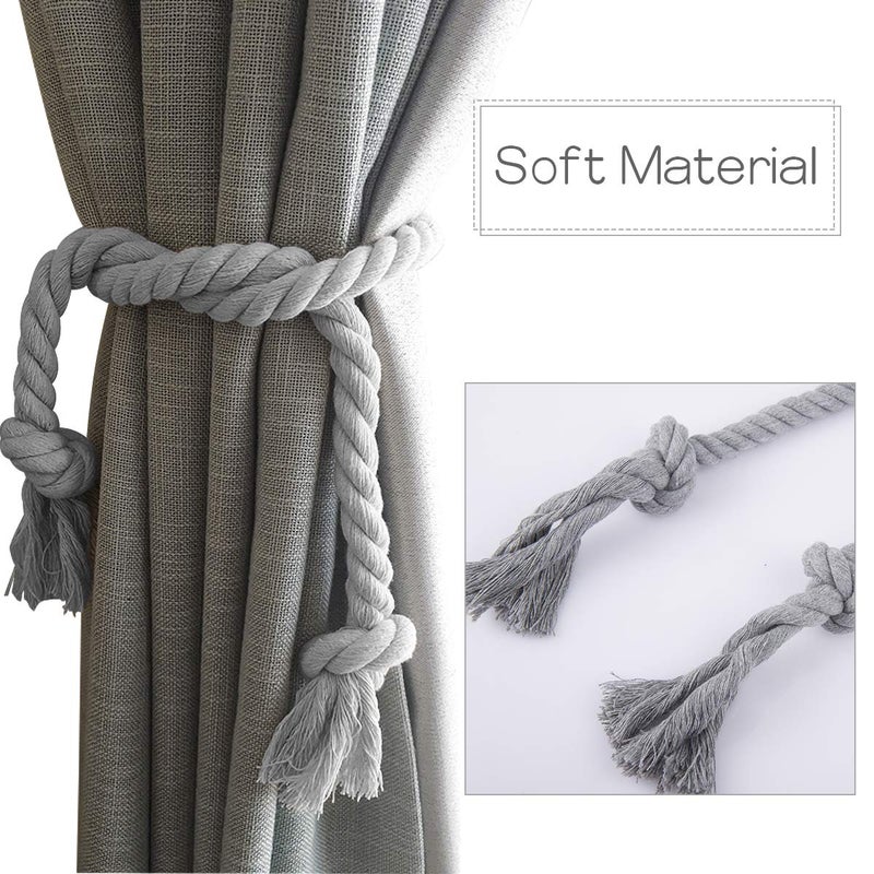 Apipi 4 Pcs Grey Natural Cotton Curtain Tiebacks- Farmhouse Style Curtain Holdback Rope Curtain Decorative Holdbacks for Rural Style Drapery Tieback - Image 2